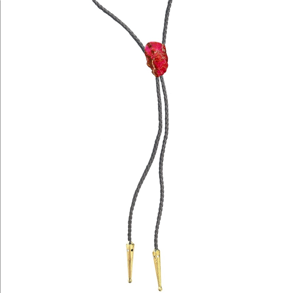 Pink Jasper Bolo Tie with Grey Braided Vegan Leather Cord - Picture 3 of 4